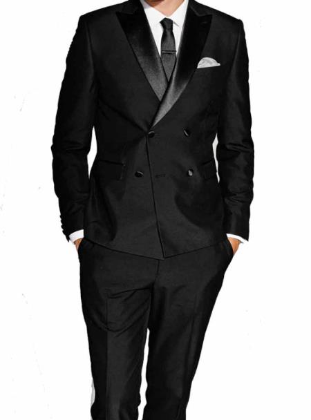 Slim Fit Double Breasted Wool Tuxedo 4 Buttons Style