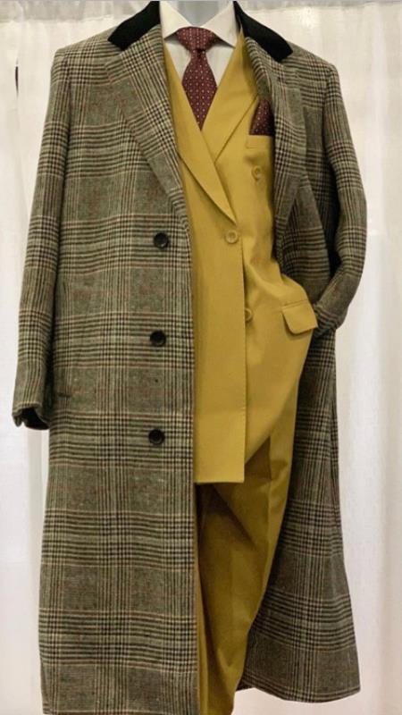 Men’s Black and Grey Plaid Checkered Chesterfield Overcoat Top Coat Full Length Wool And Cashmere Gray checker