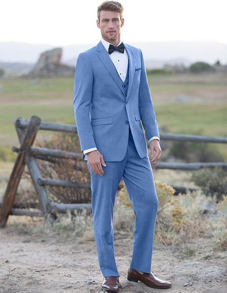 Sky Blue ~ Powder Steel Blue Suit 2 button Vested Flat Front Pants - Dusty Blue Suit