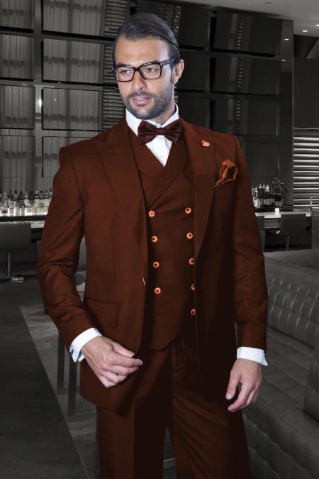 Men's Brown Peak Lapel Double Breasted Side Vents Suit