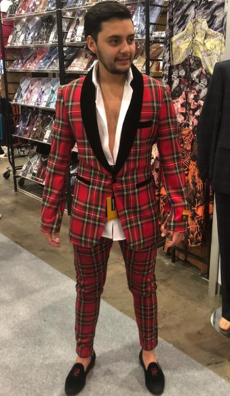 Tartan Red and Black Plaid Windowpane Lapel Weddings And Prom Suit For Men