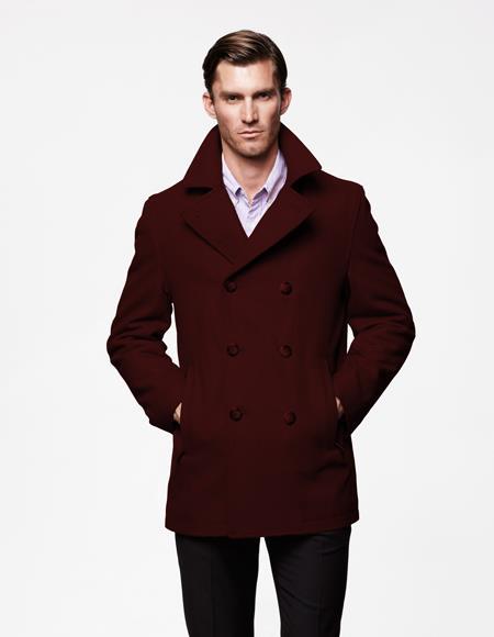 Men's Designer Men's Wool Men's Peacoat Sale Wool Fabric double breasted Style Coat For men Dark Burgundy