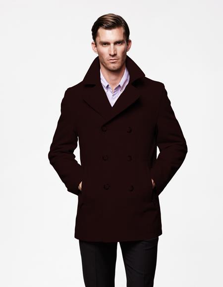 Front Slash-Pockets Wool Fabric Double Breasted Style Coat