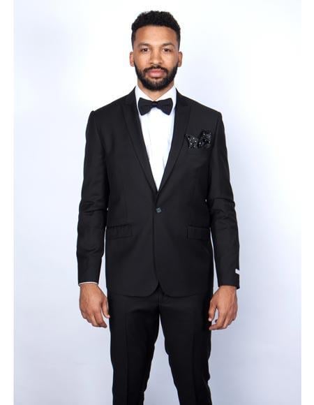 Black One Button Closure Slim Fit Graduation Suit For Boy / Guys