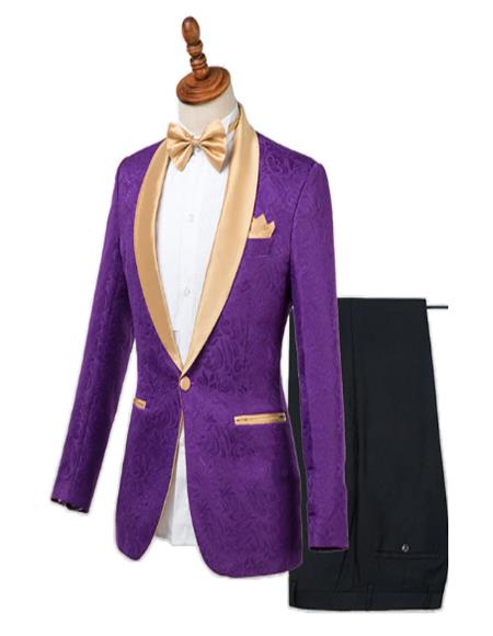 Mens Single Breasted Shawl Lapel Paisley Pattern Suit Purple
