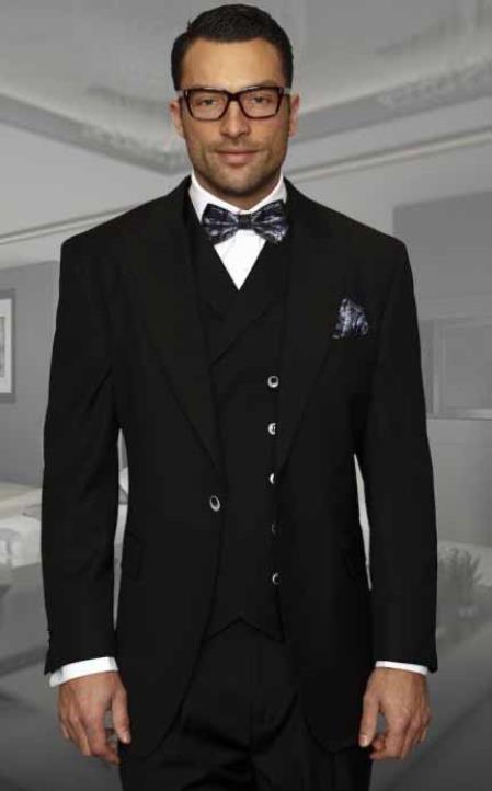 Statement 100% Wool Suit 1 Button Suits Peak Lapel Suits Vested Suits Double Breasted Suits Wide Leg Pants Black Color