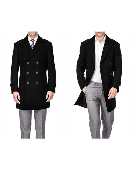 Men's Double Breasted Black Men's Carcoat - Car Coat Mid Length Three quarter length coat
