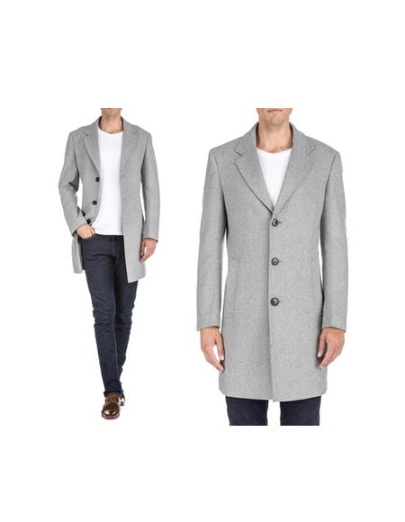 Men's Light Grey Wool Wool Men's Carcoat - Car Coat Mid Length Three quarter length coat