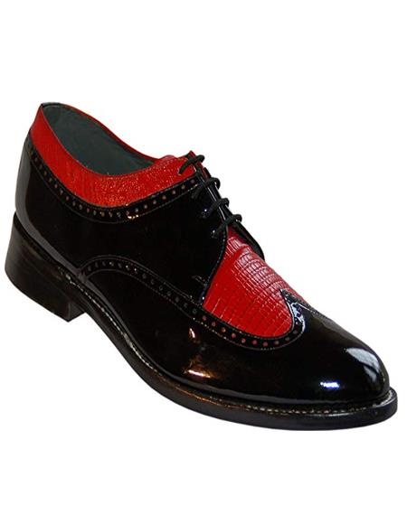 Stacy Baldwin Men's Wide Eee Width Wingtip Two Toned Dress All Leather 1920's Gangster Vintage Style Oxfords Black and Red
