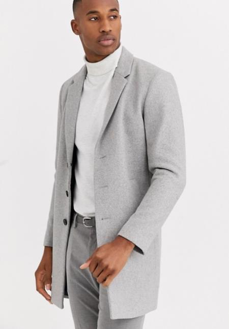 Men's Light Grey ~ Wine Functional Pockets Centre Vent to Reverse Button Placket Wool Wool Men's Carcoat - Car Coat Mid Length Three quarter length coat