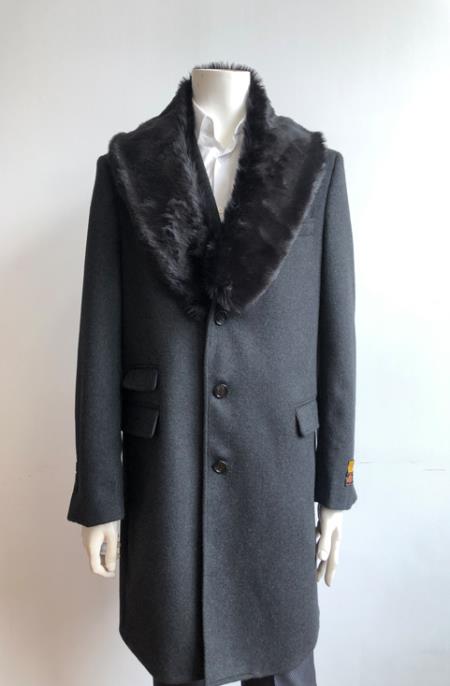 Men's Charcoal Two Flap Front Pockets Full Length Overcoat Men's Carcoat - Car Coat Mid Length Three quarter length coat