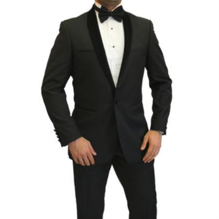  Men's Two Toned Full velour Men's blazer Jacket Lapel Shawl Black Tuxedo wool Fabric Suit