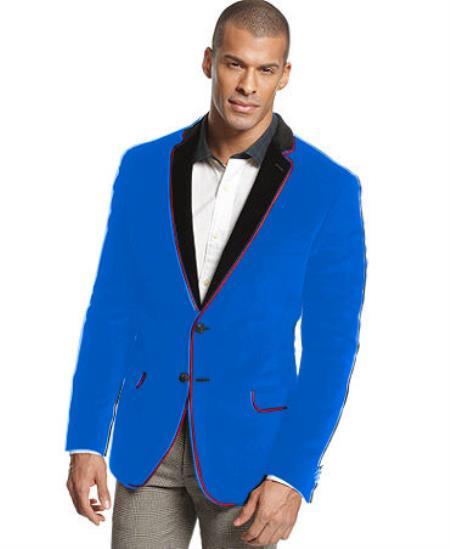 velour Men's blazer Jacket Velvet Formal Sport Coat Two Tone Trimming Notch Collar French Blue