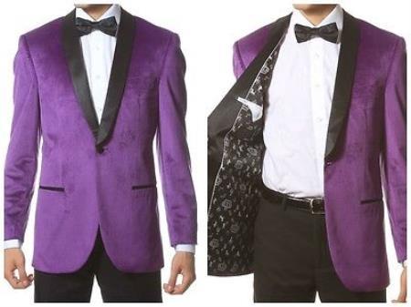 Velour Men's blazer Jacket Velvet Shawl Collar Dinner Smoking , Slim Fit Purple