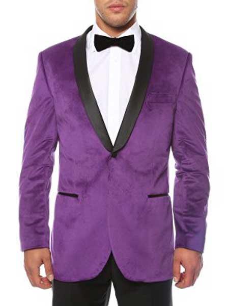 Purple Men's 1 Button Shawl Lapel Black Velvet velour Men's blazer Jacket With Sheen Two Toned With Black