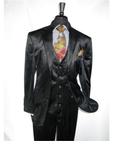 Men's Black 2 Button Velvet Fabric 3 Piece Vested  Side Vent Suit with Pleated Pants velour Men's blazer Jacket