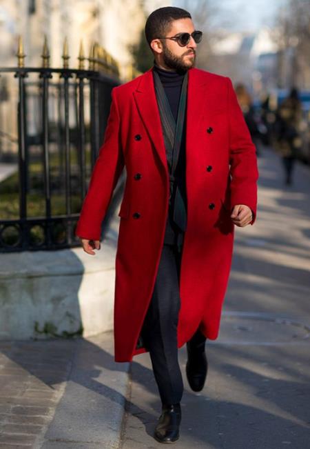 Men's Red Overcoat Double Breasted Style Wool and Cashmere Fabric