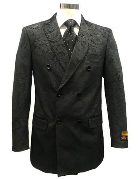 Men's Double Breasted Velvet Fabric Paisley Pattern Black velour Men's blazer Jacket - Slim Fitted