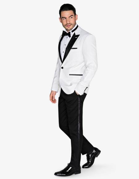 Men's White Prom - Wedding - Groom Fabric Tuxedo With Black Lapel with black Pants velour Men's blazer Jacket