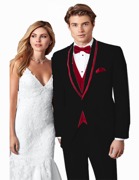 Prom ~ Wedding Tuxedo Suits Wtih Trim Shawl Collar Vested Suit Black/Burgundy TrimBurgundy Suit 