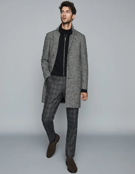Men's Dogtooth Longline Overcoat Grey