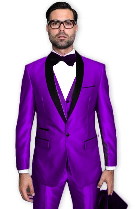 Style#-B6362 Dark Shiny Metallic Purple Tuxedo Shawl Collar Jacket