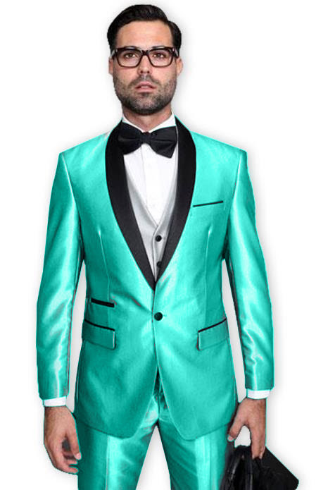 Turquoise Tuxedo Shawl Collar Vested Jacket & Pants 3 Piece Suit Prom or Wedding or Shiny Metallic Fabric Groom Tuxedo