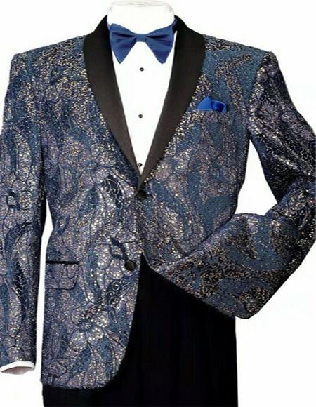 T816 Men's Shiny Sequins Slim Blazer Paisley Tuxedo Jacket Blue/Gold