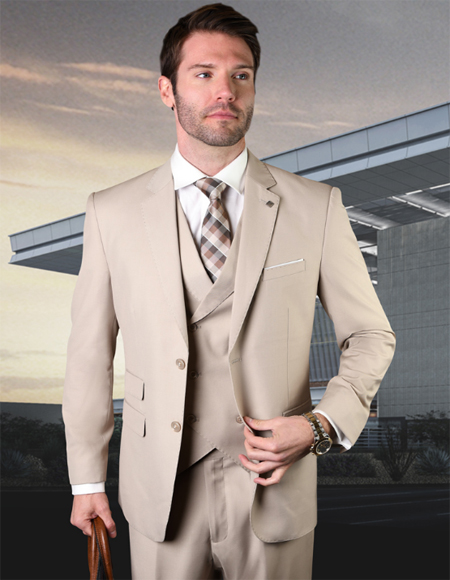 Tan Two Button Two Flap Front Pockets Wool Fabric  Vested Suit 