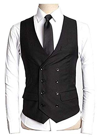Black Double Breasted Eight Button Skinny Fit Vest