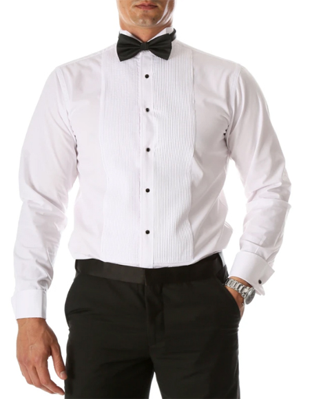 Men's Max White Regular Fit Wing Tip Collar Pleated Tuxedo Shirt
