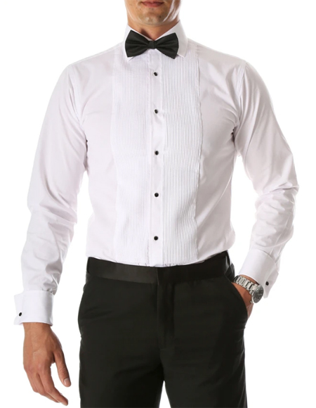 Men's Paris White Slim Fit Lay Down Collar Pleated Tuxedo Shirt