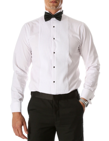 Men's Max White Slim Fit Wing Tip Collar Pleated Tuxedo Shirt