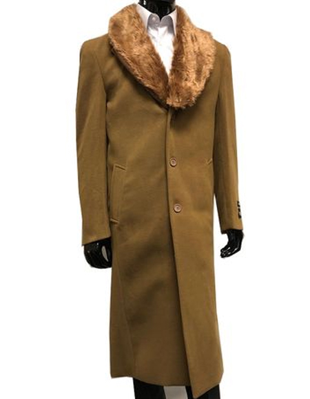Men's Wool and Overcoat With Fur Collar Full Length 48 Inches Camel