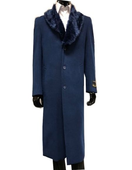 Mens Overcoat With Fur Collar Full Length 48 Inches Blue Color - Navy Blue Topcoat