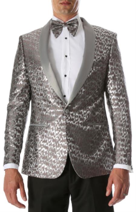 Style#-B6362 Silver & Black Two Side Vents Satin Shawl Collar Blazer