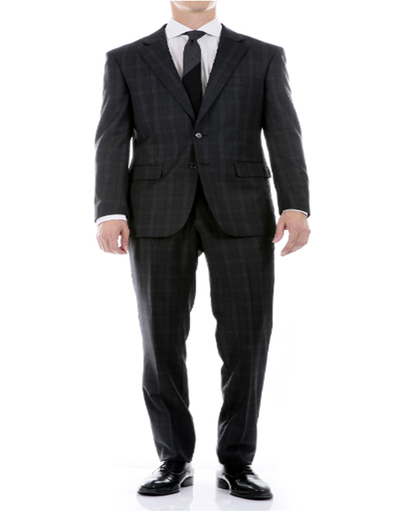 Men's Black Plaid Check 2 Button  Windowpane Suit