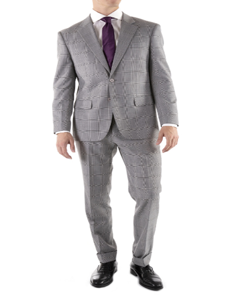 Light Grey Plaid Check  Slim Fit Flat Front Windowpane Suit