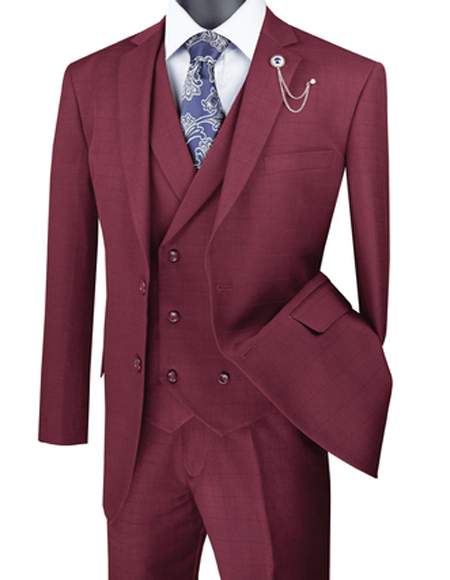 Burgundy Square Plaid Men's Suit 3 Piece Burgundy Suit