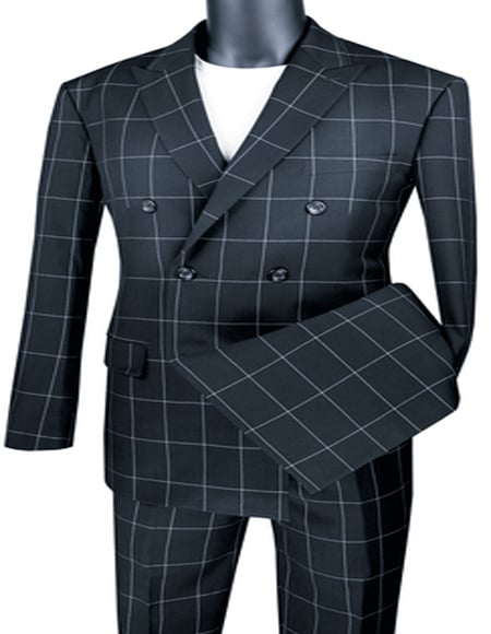 Double Breasted Suits Checkered Suit Modern Fit Black  Plaid Windowpane Fabric