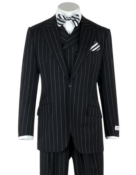 1920s Men's Gangster Bold Black Chalk Pinstripe with Double Breasted Vest Fabric - 100% Percent Wool Fabric Suit - Worsted Wool Business Suit