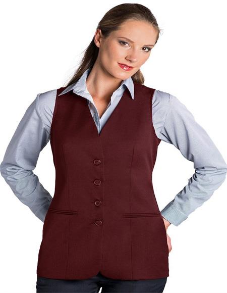 Four Button Solid Pattern Burgundy  Women Vest Sleeveless Blazer