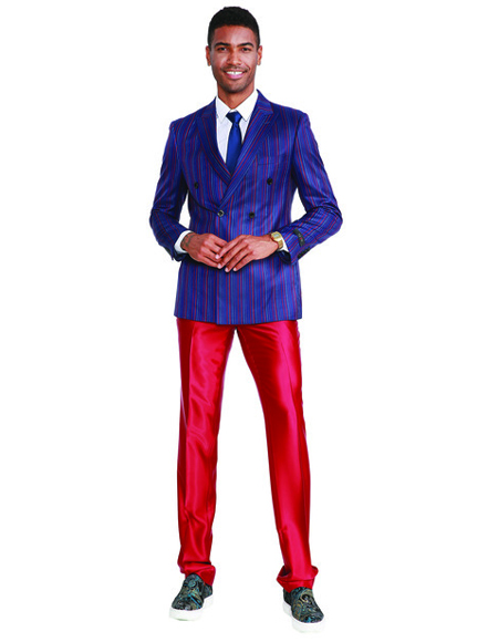 Double Breasted Suits Royal Blue and Red Pinstripe with Red Pants Suit