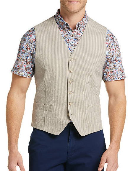 Six Button Besom pocket Men's Slim Fit Seersucker Vest In Tan