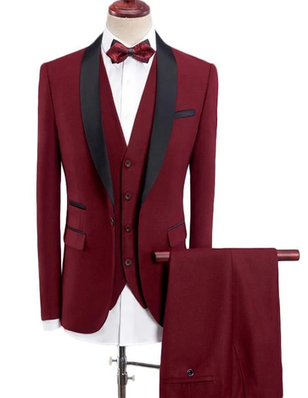 Style#-B6362 Men's Wine Red Four-Button Shawl Lapel One Button Tuxedos  - Red Tuxedo - Wool