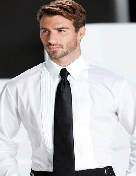 Men's White Pleated Laydown Tuxedo Shirt