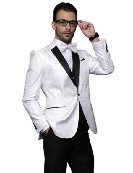 Men's White Solid Pattern Paisley Floral Suit