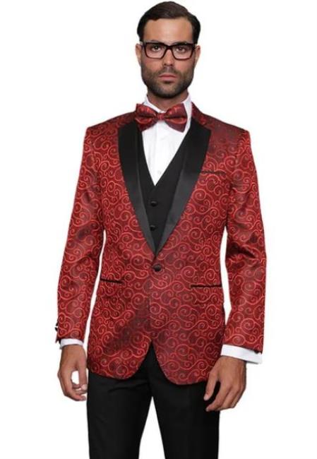 Men's Modern Fit Paisley Floral Red Tuxedo