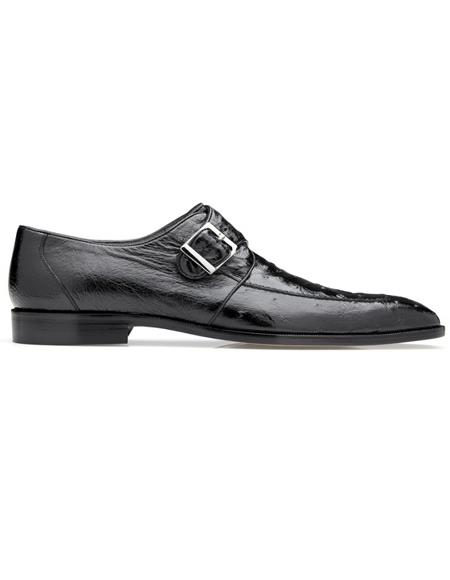 Men's Josh Ostrich Monk Strap Shoes Black- Men's Buckle Dress Shoes