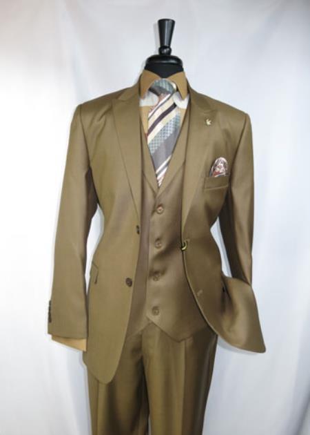 Light Brown Peak Lapel 4 Button Label Vest Suit